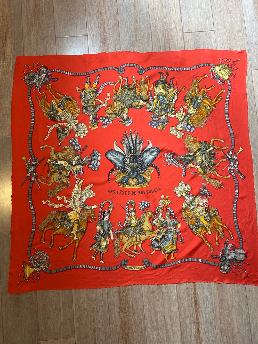 HERMES Silk Les Fetes du Roi Soleil Scarf 35”Red Illustrated Gold Black Accents - Picture 2 of 14